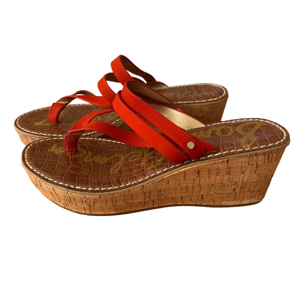 Sam Edelman Women’s 9 Coral Red Wedge Sandals Open Toe EUC